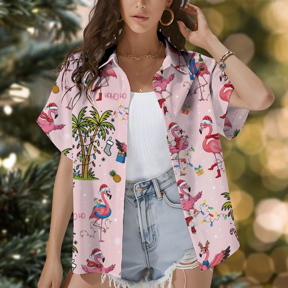 Pink Flamingo Christmas Hawaiian Shirt Women, Tropical Holiday