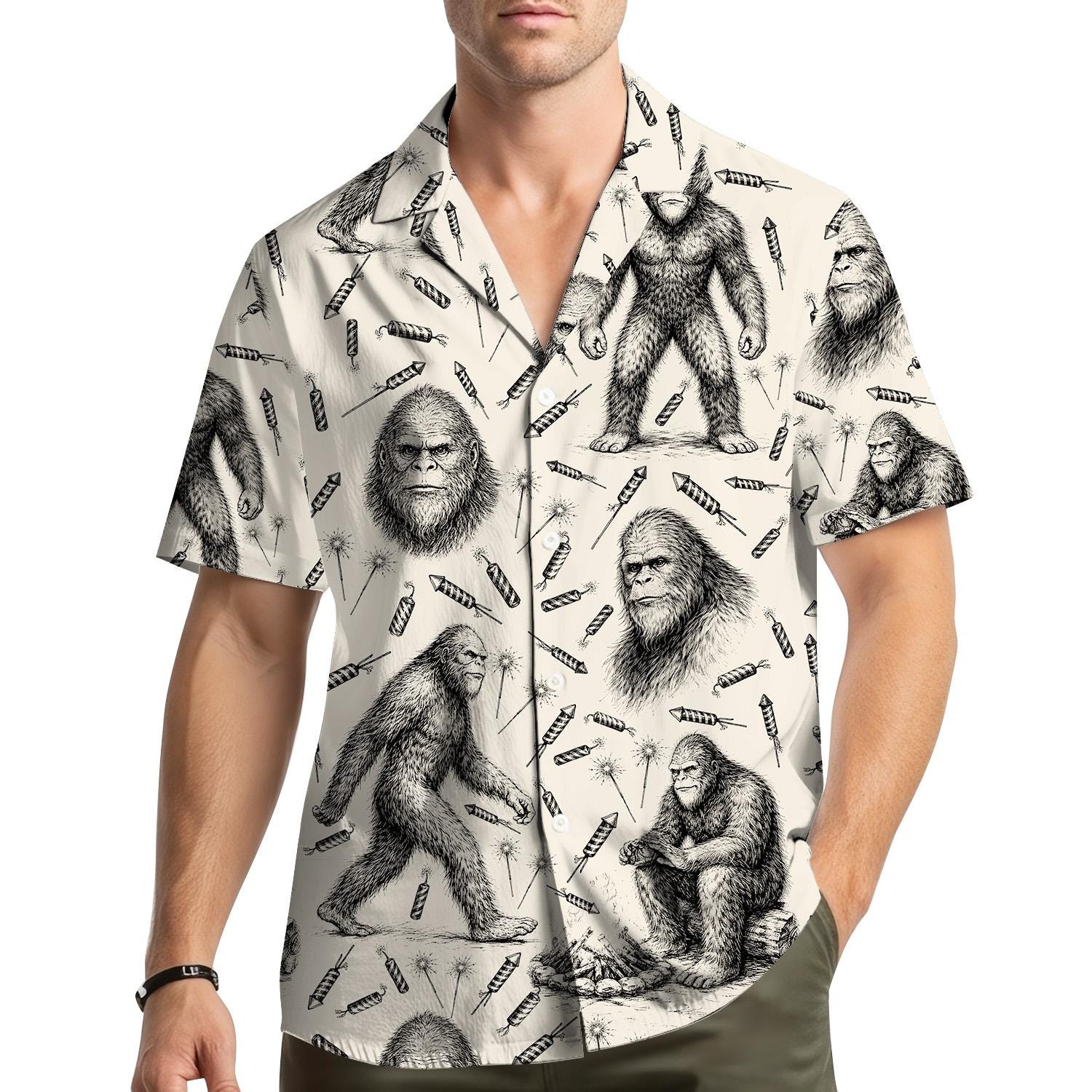 Bigfoot Fireworks Hawaiian Shirt, Patriotic Sasquatch Aloha Shirt