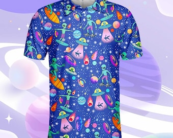 Polo divertente con alieno per uomo e donna, polo da golf con UFO spaziale, maglietta divertente con alieno spaziale e skateboard, polo cosmica originale, regalo per gli amanti del golf