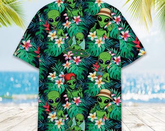 Tropical Alien Hawaiian Shirt Men Women Youth, Funny Alien UFO