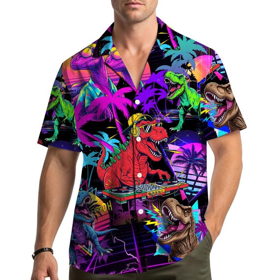 DJ Dinosaur Hawaiian Shirt Men Women Youth, Neon T Rex Party