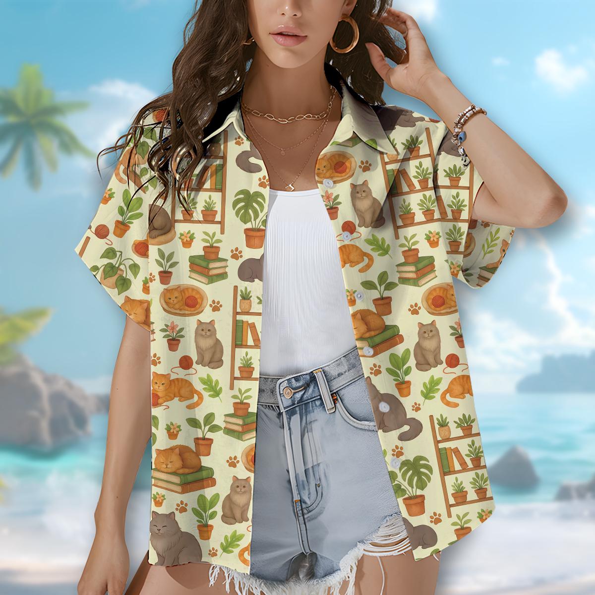 Camisa hawaiana con diseño de gato, plantas y libros para mujer, acogedora  camisa con botones de estilo otoñal, regalo para bibliotecaria otoñal. -  Etsy México, image size:1200x1200