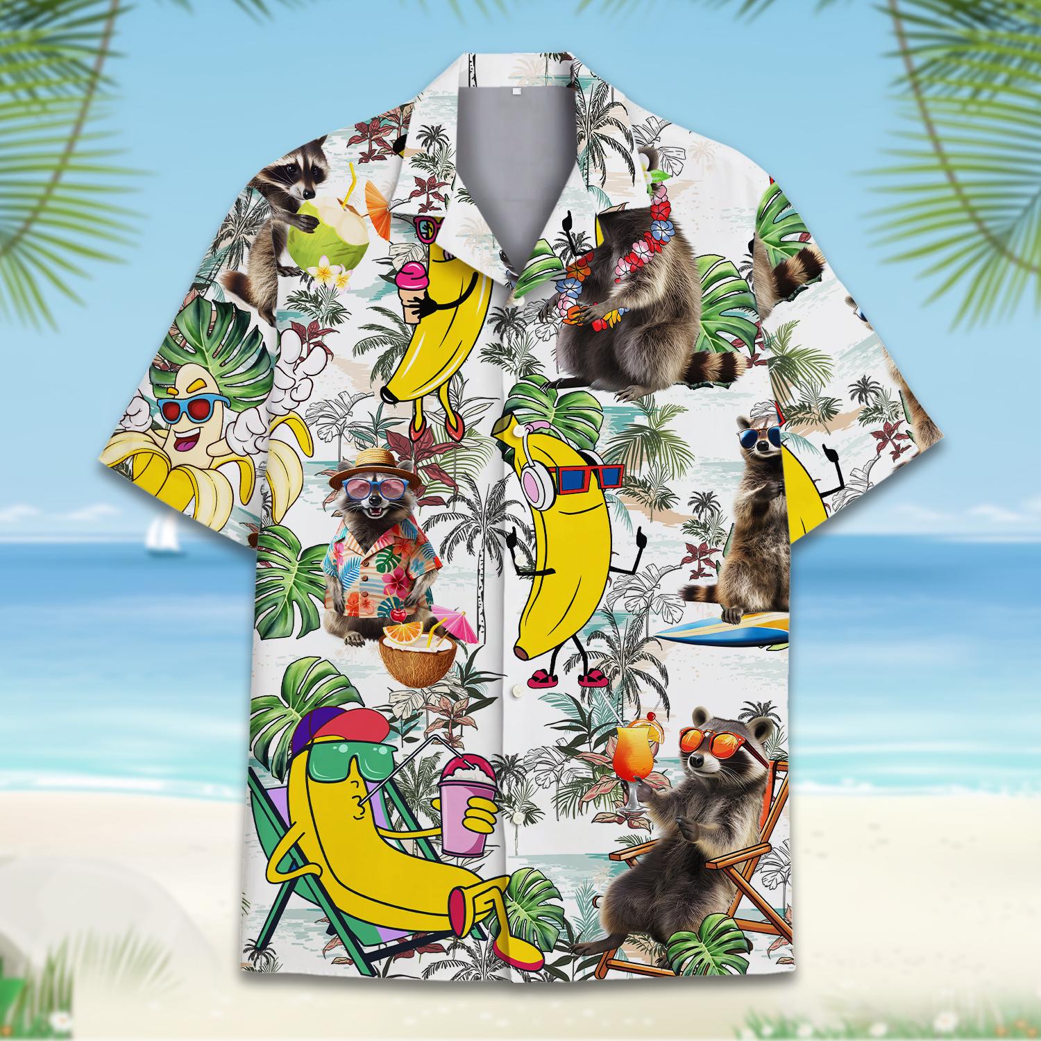 Tropical Raccoon Hawaiian Shirt Men Women Youth, Banana Raccoon 