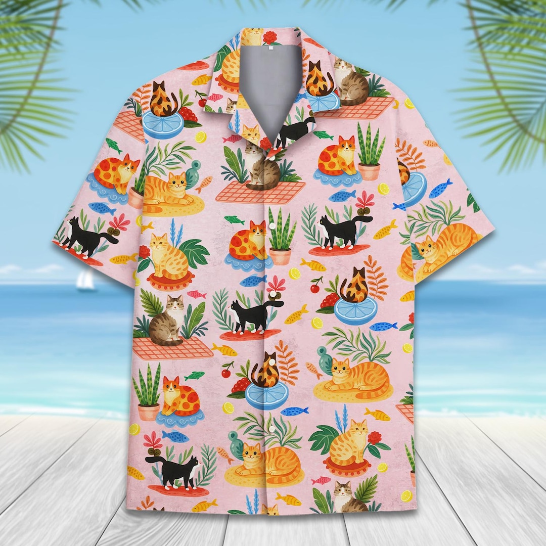 Hawaiian Shirt Cat Button Down Shirt Short Sleeve Button Cat Print