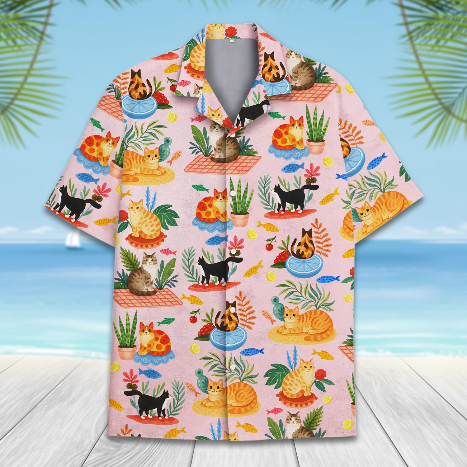 Cute Cat Hawaiian Shirt for Men Women, Summer Cat Aloha Button