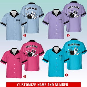 May include: Four bowling themed button-down shirts in different colours. The shirts have a bowling ball and pins graphic on the back with the text "TEAM NAME".