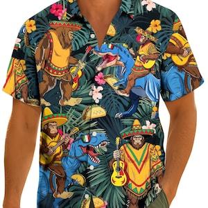 Bigfoot Taco Dinosaur Pocket Hawaiian Shirt For Men Women, Funny Mexican Sombrero Shirt, T-Rex Fiesta Button Shirt, Cinco De Mayo Gift
