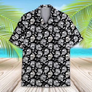 Floral Skull Hawaiian Shirt for Men Women Youth, Tropical Skull Aloha Shirt Short Sleeve Button Down Summer Shirt, Retro Gothic Beachwear