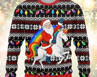 May include: Black Christmas sweater with a red collar and cuffs. The sweater features a graphic of Santa Claus riding a unicorn over a rainbow. The design includes strings of colorful lights and snowflakes.