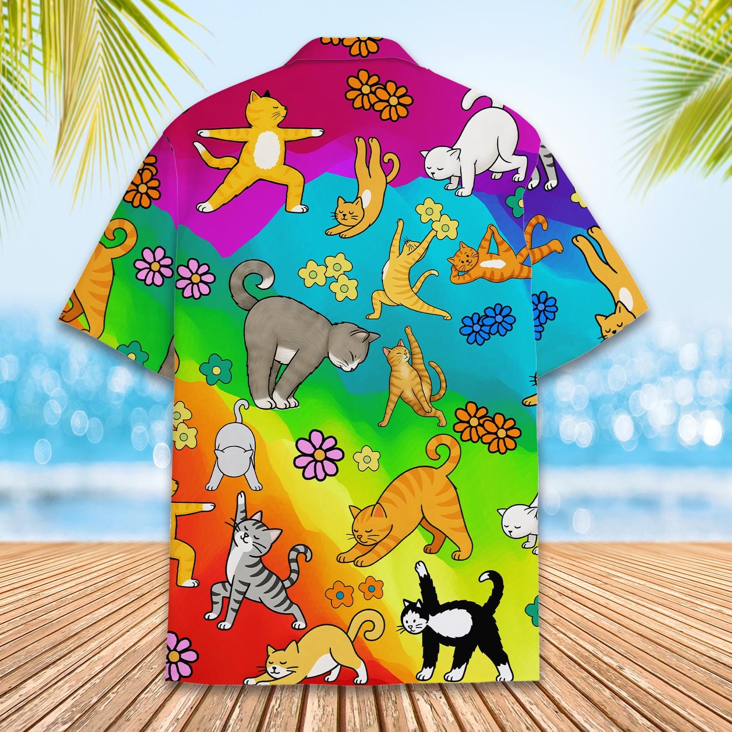 Funny Cat Yoga Hawaiian Shirt for Men Women Youth, Rainbow Cat