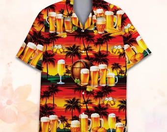 Hawaiiaans shirt bierliefhebber voor mannen vrouwen, tropische zonsondergang bier print button-down shirt, grappig shirt zomervakantie feest, cadeau voor hem