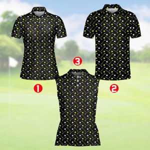 May include: Three golf polo shirts. The shirts have a black background with a repeating pattern of golf clubs and white golf balls. The shirts are short-sleeved and sleeveless.