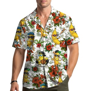 May include: White short-sleeve button-down shirt featuring a playful pattern of cartoon bananas wearing sunglasses and baseball gear. The design includes red hibiscus flowers and baseballs. The shirt has a classic collar and is made of a lightweight fabric.