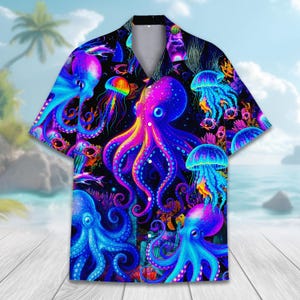 Neon Octopus and Jellyfish Hawaiian Shirt for Men Women Youth, Psychedelic Ocean Shirt Button Up, Tropical Sea Life Aloha Shirt