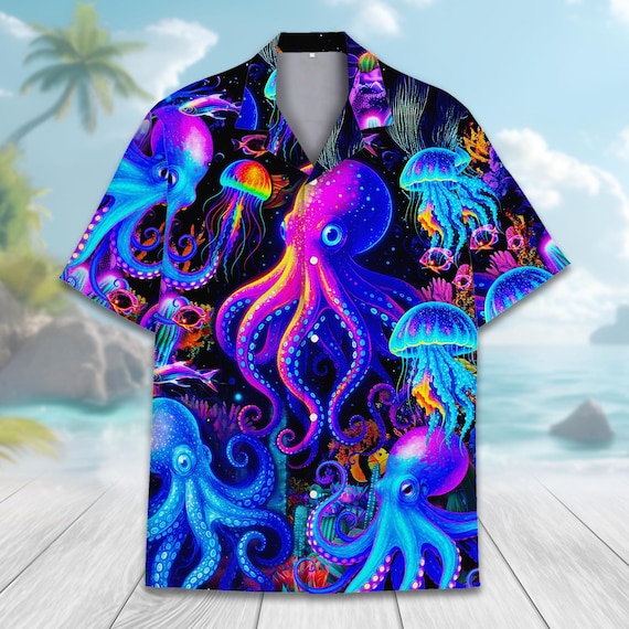 Neon Octopus and Jellyfish Hawaiian Shirt for Men Women Youth