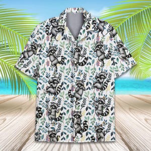 Tropical Raccoon Hawaiian Shirt Men Women Youth, Funnyr Raccoon Shirt, Raccoon Button Up, Summer Beach Short Sleeve Button Down
