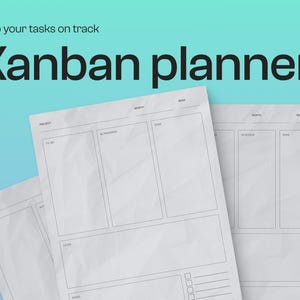 Puede incluir: Dos plantillas de planificador Kanban en blanco con una textura de papel arrugado. Las plantillas están divididas en cuatro columnas etiquetadas como "To Do", "En progreso", "Hecho" y "Más tarde". El texto "Keep your tasks on track" y "Kanban planner" se encuentra en la parte superior de la imagen.