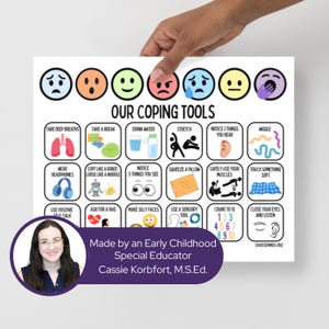 May include: A poster titled "Our Coping Tools" features illustrated coping strategies, including deep breaths, taking breaks, and counting to ten. The poster includes a photo of Cassie Korbfort, M.S.Ed., an Early Childhood Special Educator.