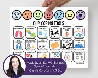 Op de afbeelding: Een poster getiteld "Onze coping tools" toont geïllustreerde copingstrategieën, zoals diep ademhalen en rekken. De poster bevat een foto van Cassie Korbfort, M.S.Ed., een Early Childhood Special Educator.