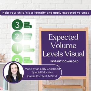 May include: A purple chalkboard with the text "Expected Volume Levels Visual" and "INSTANT DOWNLOAD".  A green and white chart with four circles and numbers 0-3, with corresponding volume levels: "Silent, No noise", "Quiet, Whispering", "Medium, Talking", and "Loud, Yelling".