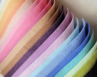 May include: A collection of 18 felt sheets in various colors, arranged in a fan shape. The colors range from white to black, with shades of yellow, pink, brown, purple, blue, and green in between.