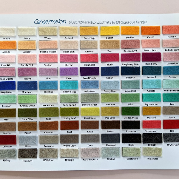 PURE Merino Wool Felt Colour Swatch Card