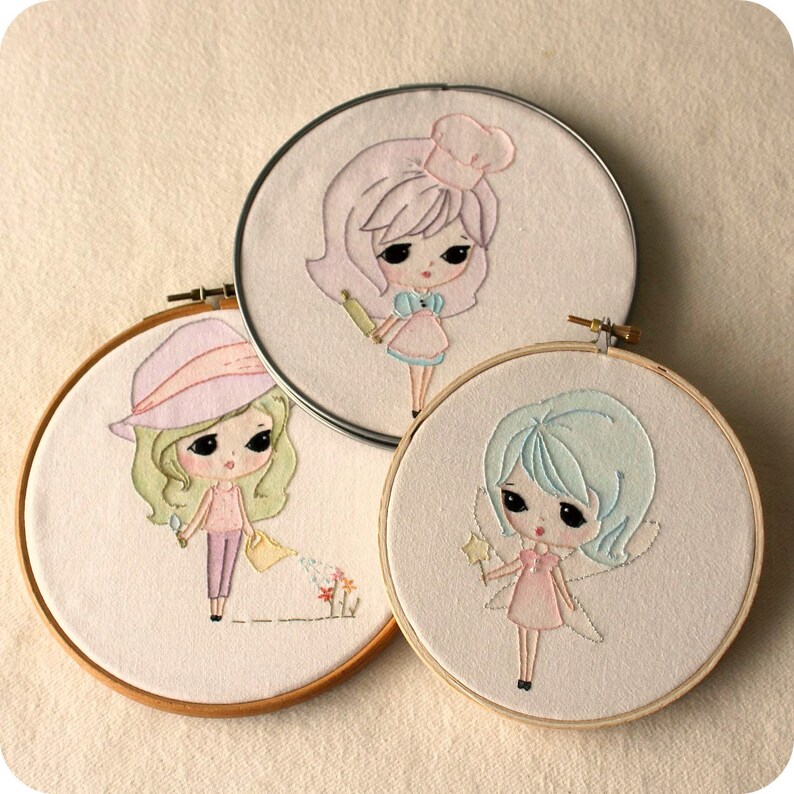 Set of Three Embroidery pdf Patterns Fairy, Garden Girl and Baker Instant Download image 2