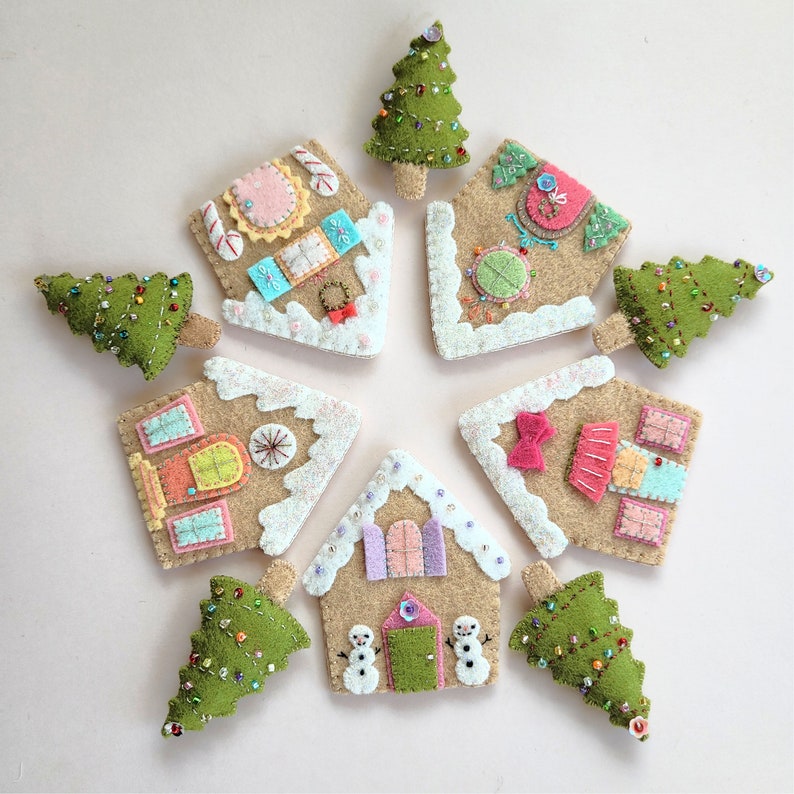 May include: Nine felt ornaments, including gingerbread houses and Christmas trees, decorated with colorful details and beads. The ornaments are perfect for adding a festive touch to your holiday decor.
