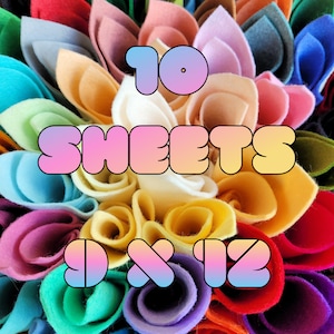 May include: A close-up of 10 sheets of felt in various colours, arranged in a circular pattern. The felt sheets are 9 inches by 12 inches.