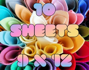 May include: A collection of multi-colored felt sheets arranged in a circular pattern. The text 10 SHEETS 9 X 12 is overlaid in a gradient font. The felt pieces are rolled and layered, displaying shades of red, orange, yellow, green, blue, and purple.