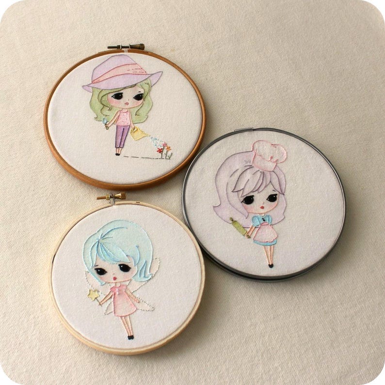 Set of Three Embroidery pdf Patterns Fairy, Garden Girl and Baker Instant Download image 1