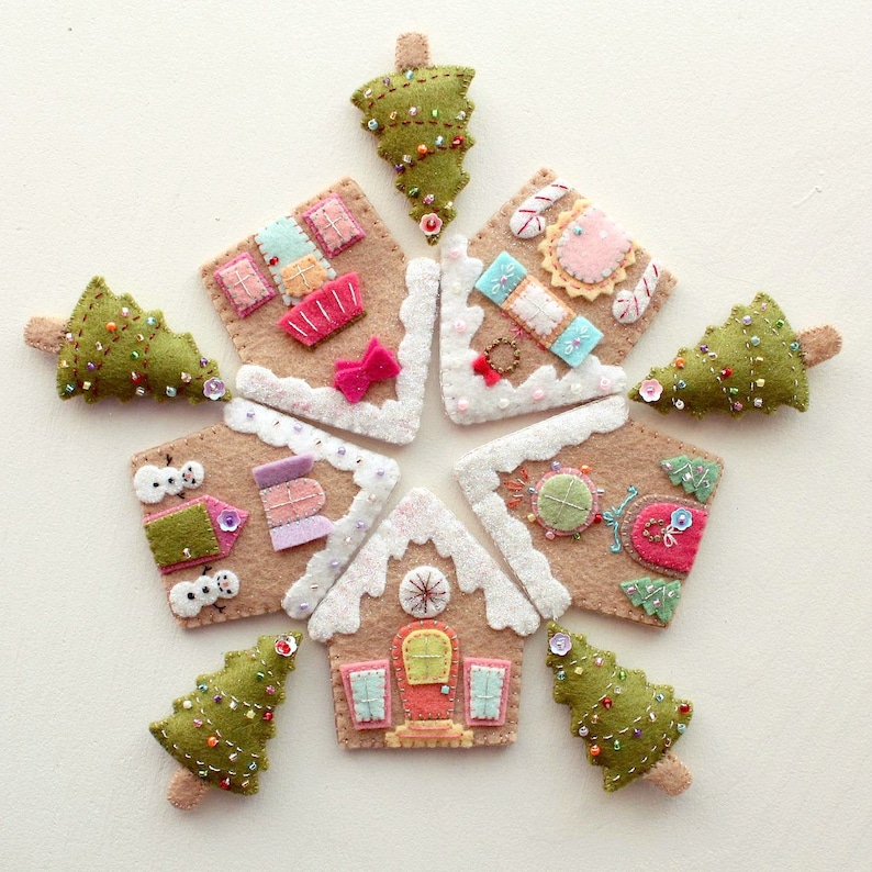 May include: A set of felt Christmas ornaments featuring gingerbread houses and Christmas trees. The houses are decorated with colorful details and the trees are adorned with green felt and beads.