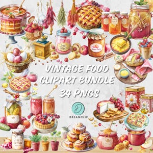 Pacote de clipart de comida vintage - Elementos rústicos desenhados à mão, gráficos de culinária cottagecore, texturas desgastadas - Download digital para uso comercial