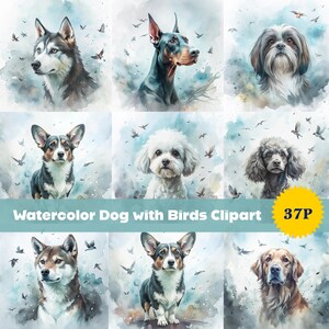 May include: Watercolor clipart of 10 different dog breeds with birds flying around them. The dogs are all in different poses and have different expressions. The background is a light blue watercolor wash. The text "Watercolor Dog with Birds Clipart 37P" is at the bottom of the image.