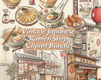 Paquete de imágenes prediseñadas de tienda de ramen: 20 imágenes PNG de comida japonesa dibujadas a mano (descarga digital)