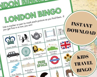 Bingo de voyage pour enfants à Londres : activité historique amusante (téléchargement numérique)