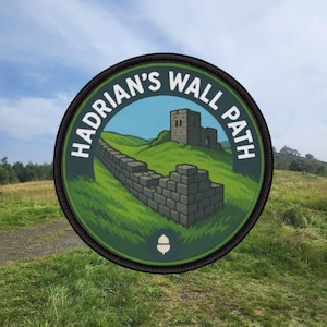 Hadrians Wall Path Patch Hiking Trail Souvenir, UK National Trail Badge, Stone Wall & Roman Fort Scene, Iron-On England hiking patch