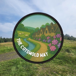 The Cotswold Way Patch Hiking Trail Souvenir, UK National Trail Badge, Stone Cottage & Sheep Village Scene, Iron-On England hiking patch