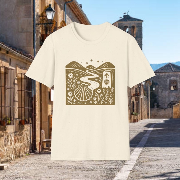 Camino de Santiago T-Shirt | Linocut Folk Art Pilgrimage Shirt with Scallop Shell & Trail Marker |Pilgrimage Gift  Pilgrimage Apparel