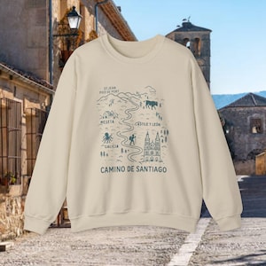 Camino de Santiago Sweatshirt Hand-Drawn Style Map of the Frances Route Across Spain | Whimsical Pilgrimage Tee | St. Jean to Santiago Map