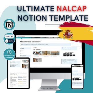 May include: A computer screen, tablet, and smartphone display a Notion template for moving abroad. The template includes a dashboard with to-do lists, task categories, and a countdown to the move date. The template is designed for people moving to Spain, as indicated by the Spanish flag in the background.