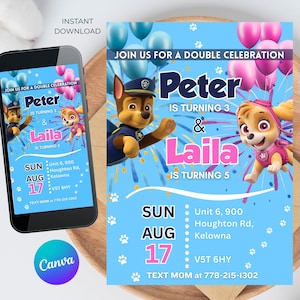 Chase & Skye Paw Patrol Birthday Invitation: Joint Party, Printable (Digital Download)