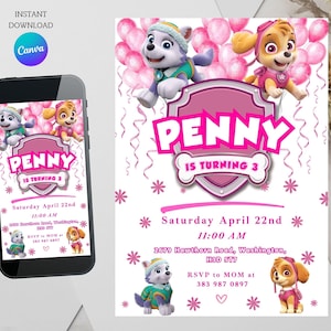 Skye and Everest Birthday Invitation | Editable PAW Patrol Girl Invite | Custom Printable Party Template | Digital Download | Pink & White