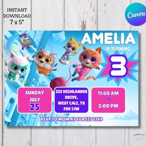 Super Kitties Birthday Invitation | Editable Digital Kids Party Invite | Printable Superhero Cat Card | Instant Download Template