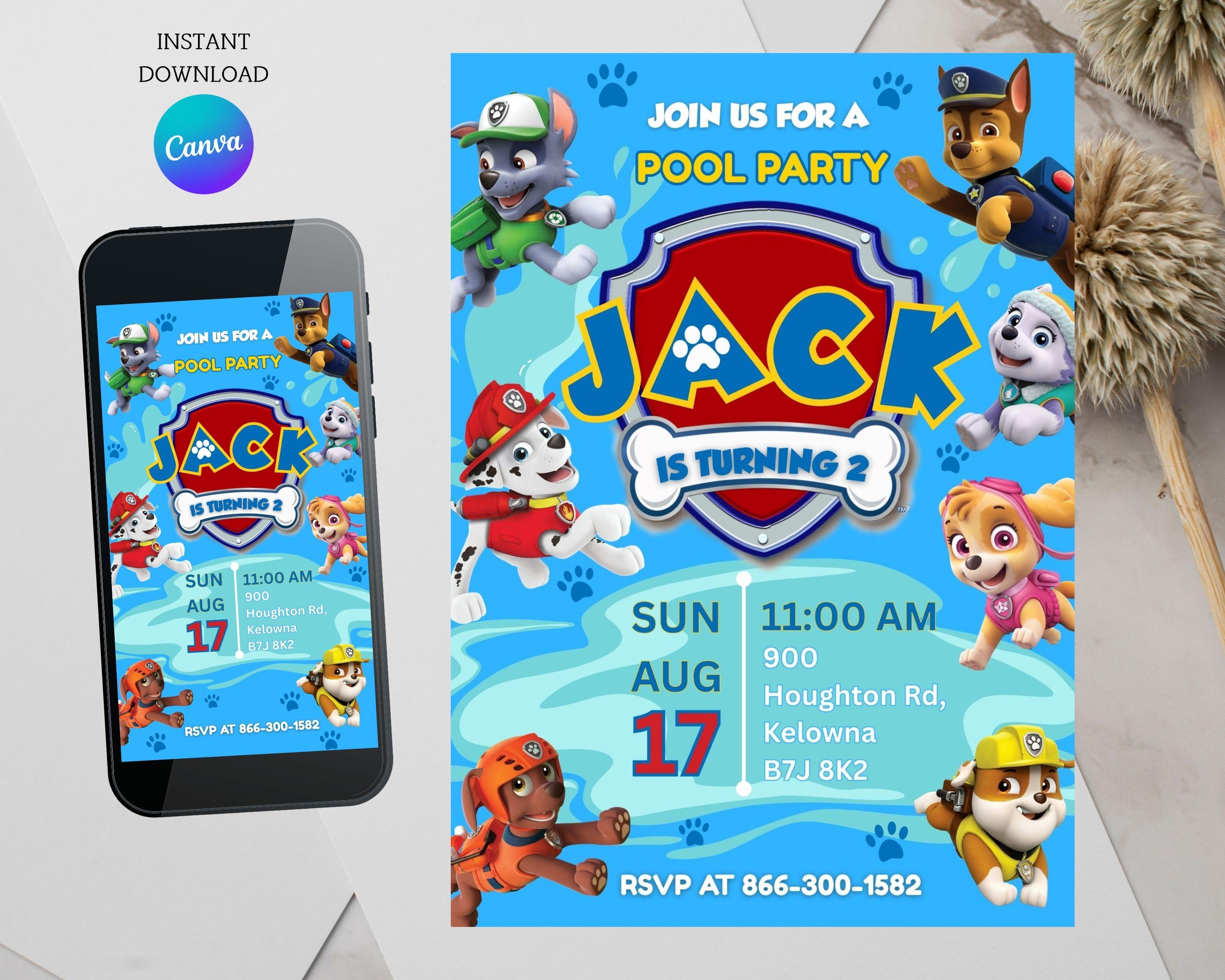 Invito di compleanno per festa in piscina Paw Patrol / Download digitale modificabile / Qualsiasi età / Invito stampabile personalizzato / Tema estivo per maschietti o femminucce