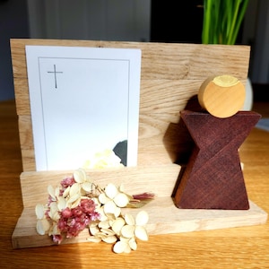 Fotohalter Kartenhalter mit Engel Karten Trauerkarte Beerdigung Trockenblumen Holz Engel aus Holz