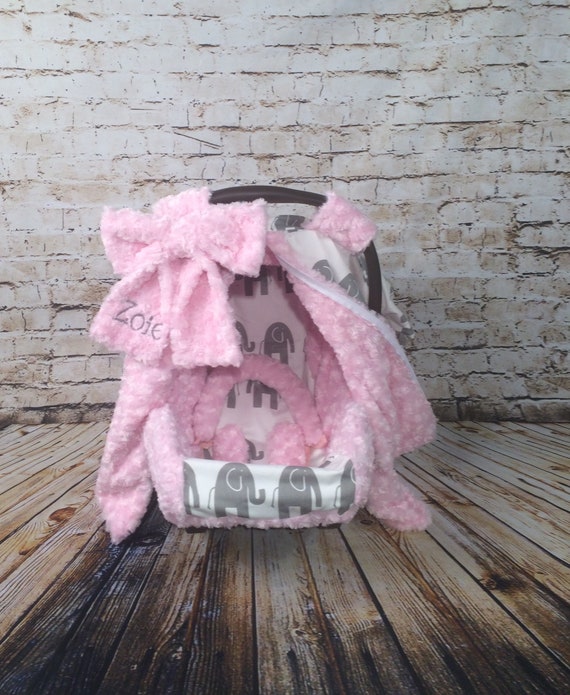 Girl Car Seat Cover Canopy Custom Elephant And Pink Minky Gift Sets