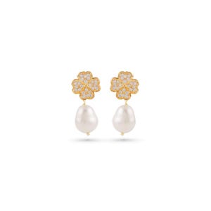 Gold Pearl Earrings, Zirkon Flower Design, Elegant Pearl Jewelry, Minimalist Gold Earrings, Wedding Jewelry, Gift for Her, Luxury Earrings