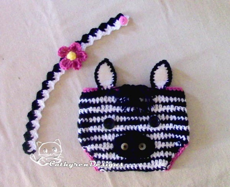 Baby Zebra Diaper Cover and Headband, Photo prop INSTANT DOWNLOAD Crochet Pattern image 3