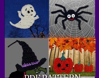 Halloween Appliques/Patches, Spider, Casper, Pumpkin, Witch Hat - INSTANT DOWNLOAD Crochet Pattern